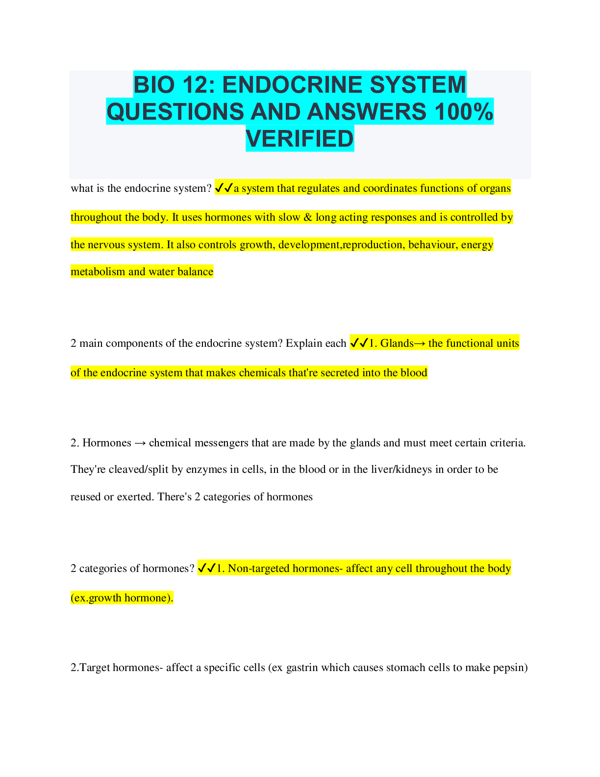 Preview image of BIO 12: ENDOCRINE SYSTEM QUESTIONS AND ANSWERS 100% VERIFIED document